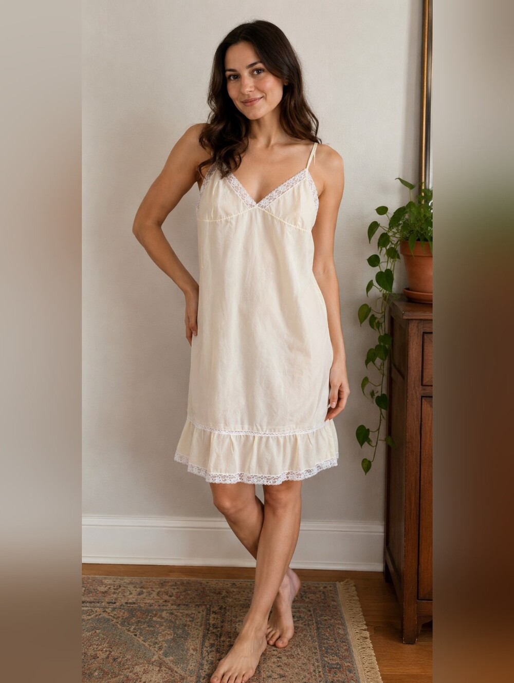 Vintage 2 Piece Light Yellow Lace-Trim Nylon Slip & Matching Long Chemise